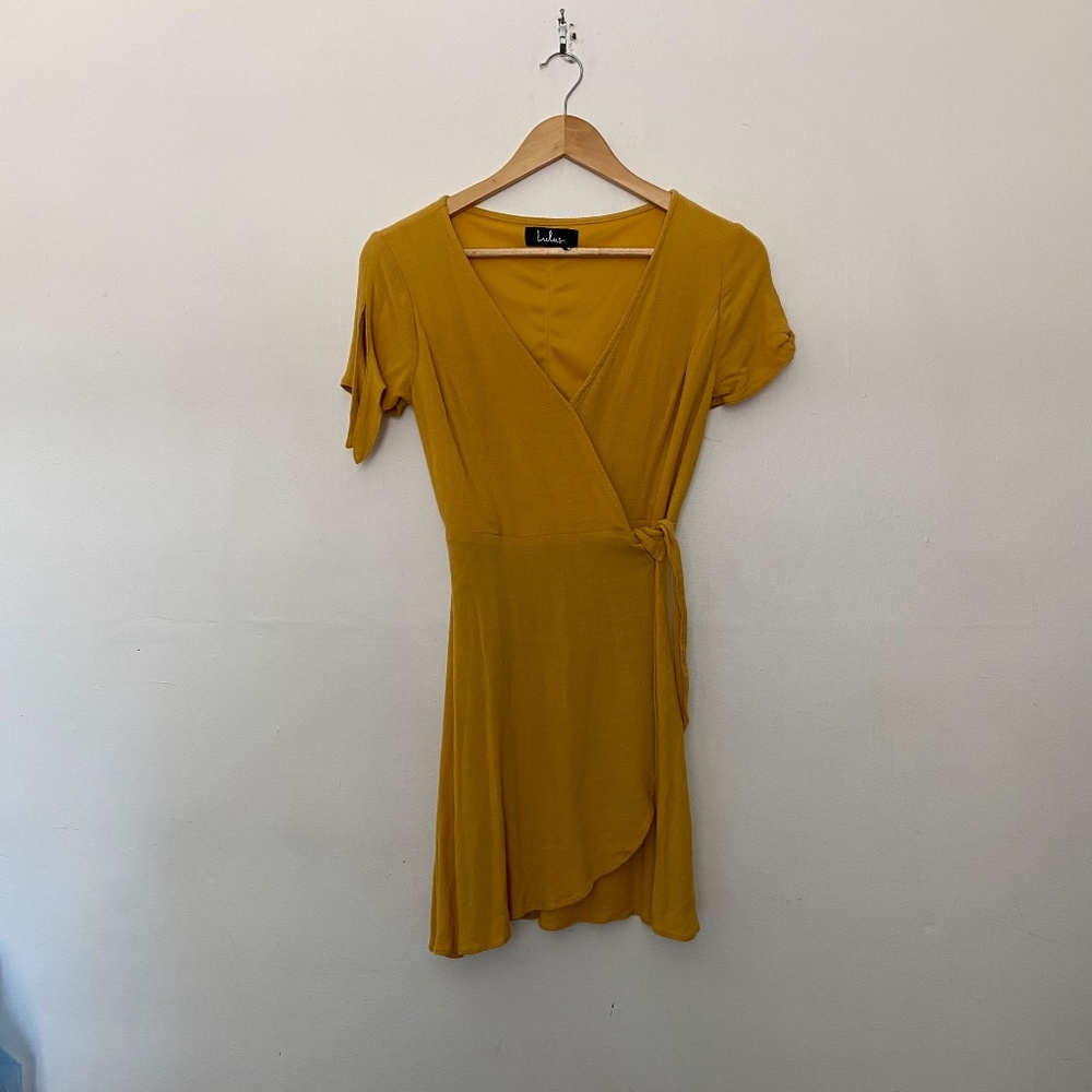 Lulus My Philosophy Golden Yellow V-Neck Wrap Mini Dress Size XS - Picture 2 of 5